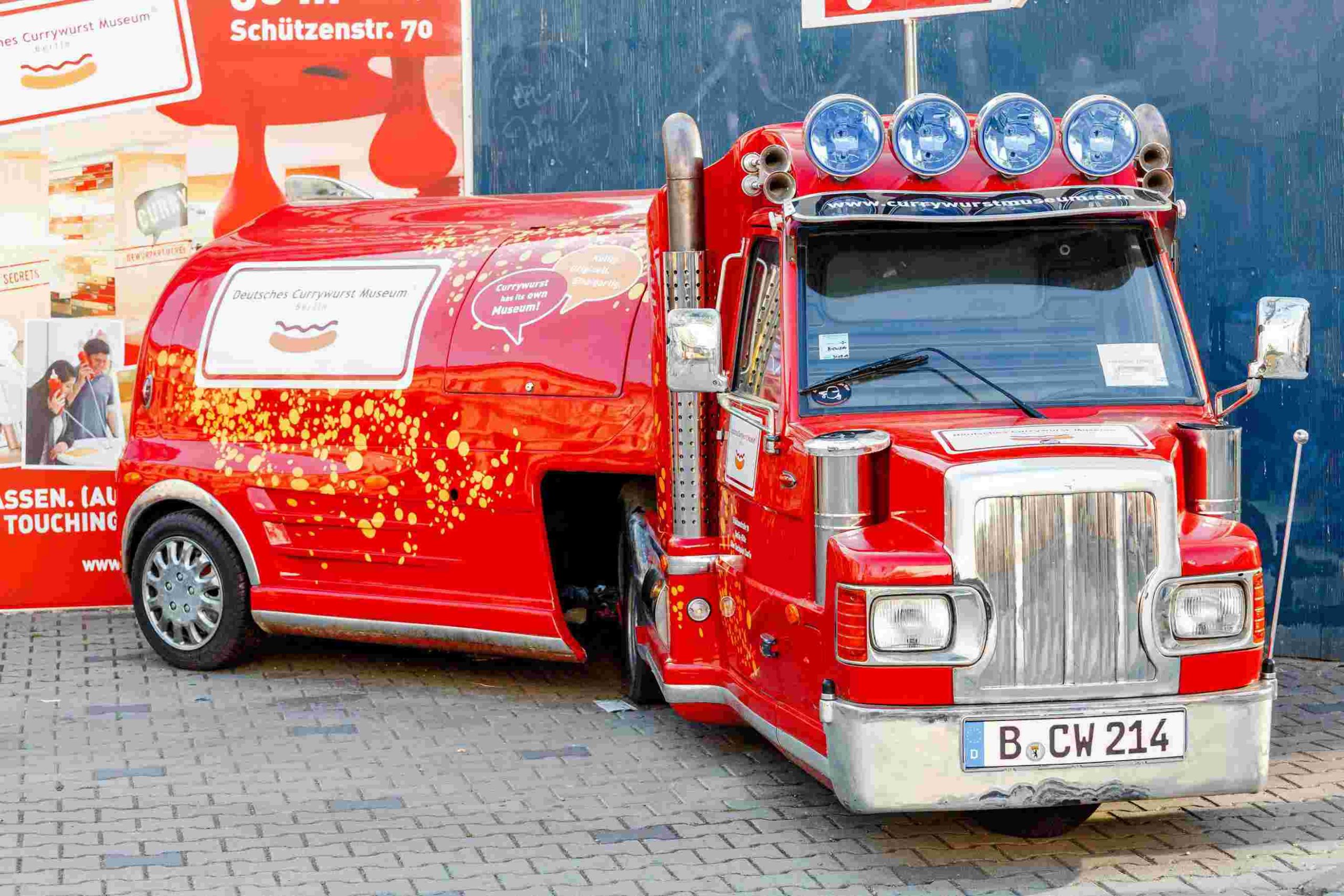 Auto truck decoration at the entrance to the Curry wurst sausage in Berlin
